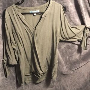 Army green split sleeve v neck blouse
